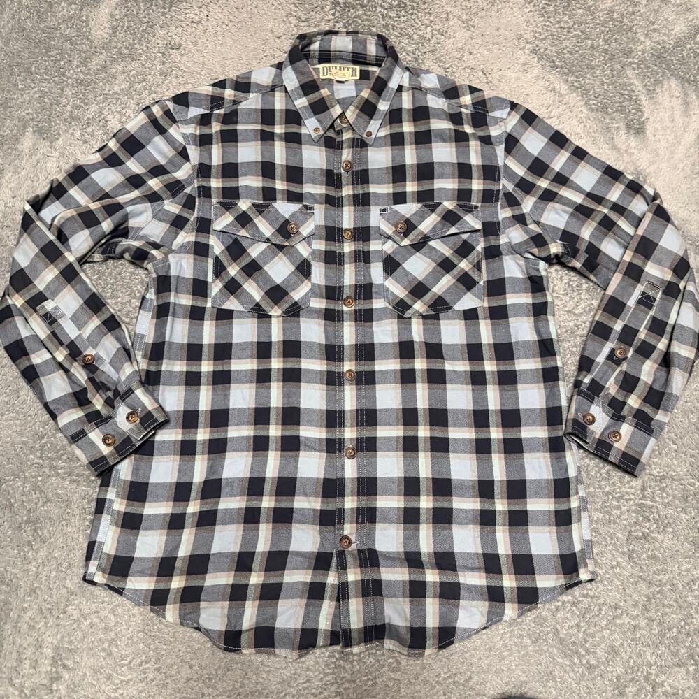Duluth Shirt Mens Medium Blue Plaid Flannel Outdoor Hiking Gorp Long Sleeve